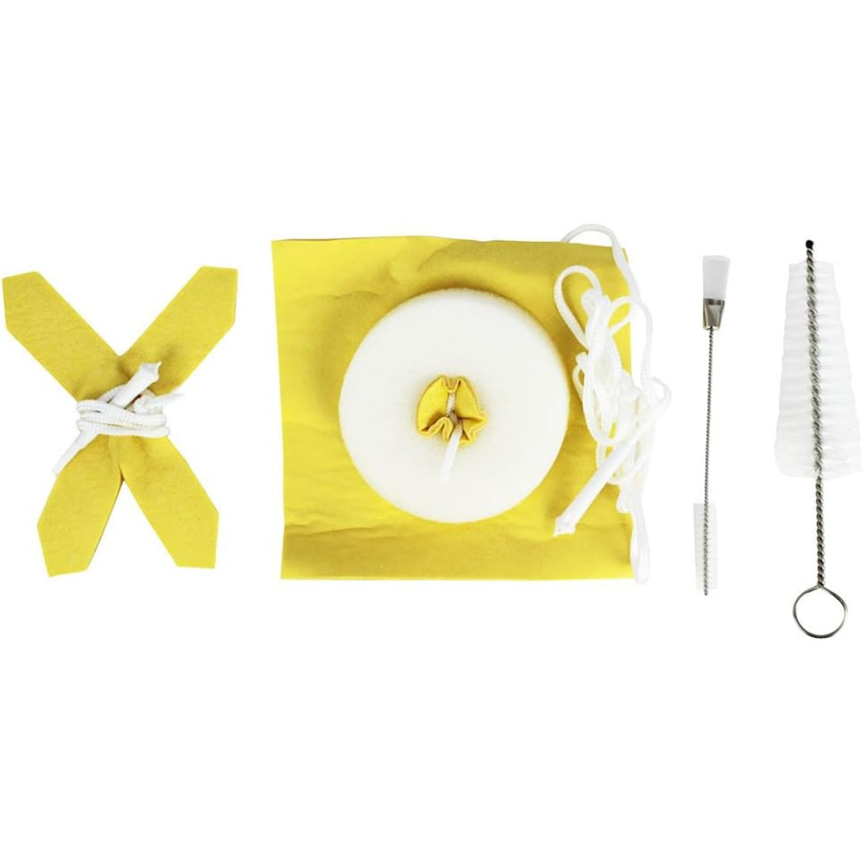 The image shows a brass instrument cleaning kit containing yellow foam pads, a white circular cleaning disc, flexible cleaning rods or brushes, and a round-ended brush for hard-to-reach areas. These tools help brass players maintain their instruments by cleaning interior tubing and surfaces, preventing buildup of moisture, debris, and bacteria to ensure proper function and hygiene.