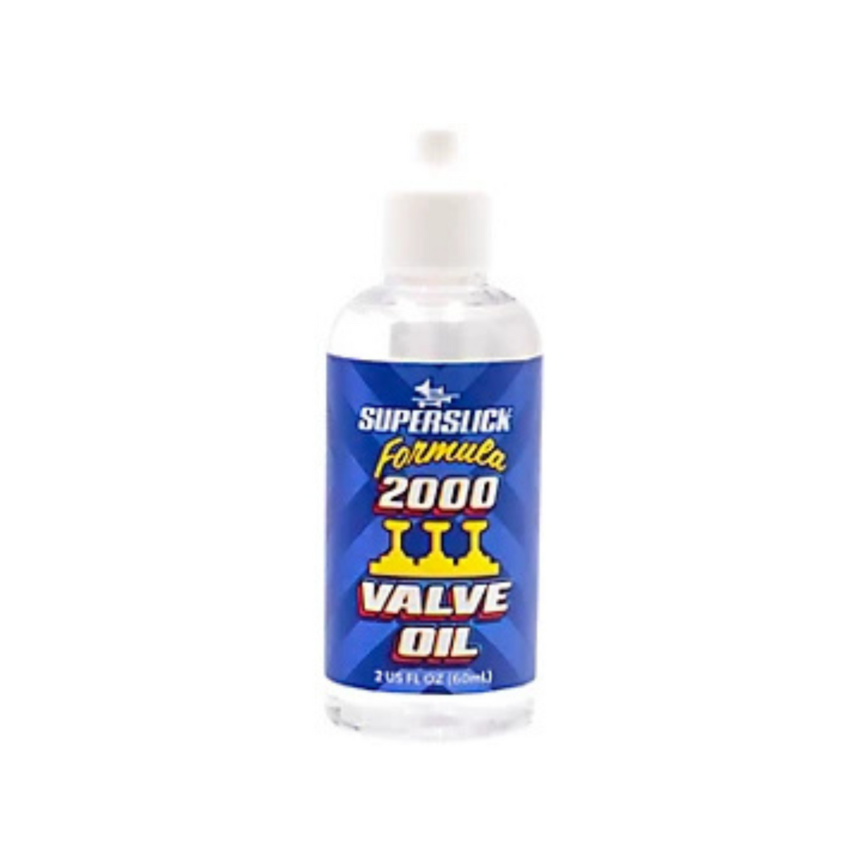 The image shows a 2 fl. oz. (60ml) bottle of Superslick Formula 2000 Valve Oil, a specialized lubricant for brass instrument valves like trumpets, cornets, and flugelhorns. The bottle has a blue label with clear branding. Valve oil is essential for maintaining smooth valve movement and preventing sticking, ensuring optimal performance for valved brass instruments.