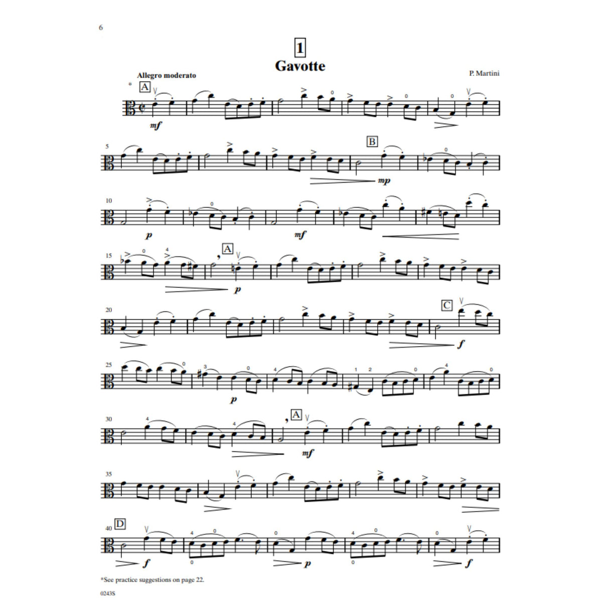 Sheet music for viola for the song "Gavotte." on a white background.