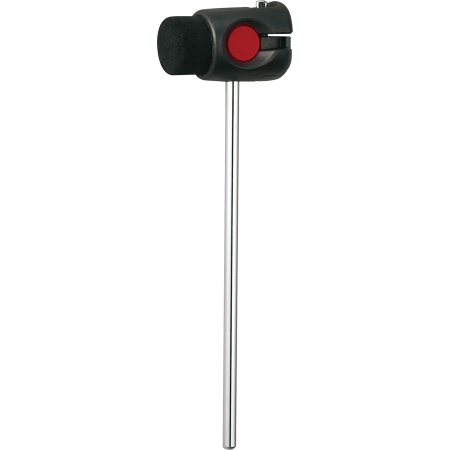 The image shows a bass drum beater with a long metal shaft, a black cylindrical beater head with a textured surface, and a red detail on the mechanism. Designed to attach to a bass drum pedal, it strikes the drum head to produce a warm, punchy sound. This essential percussion accessory is commonly found in drum hardware and kick drum setups.