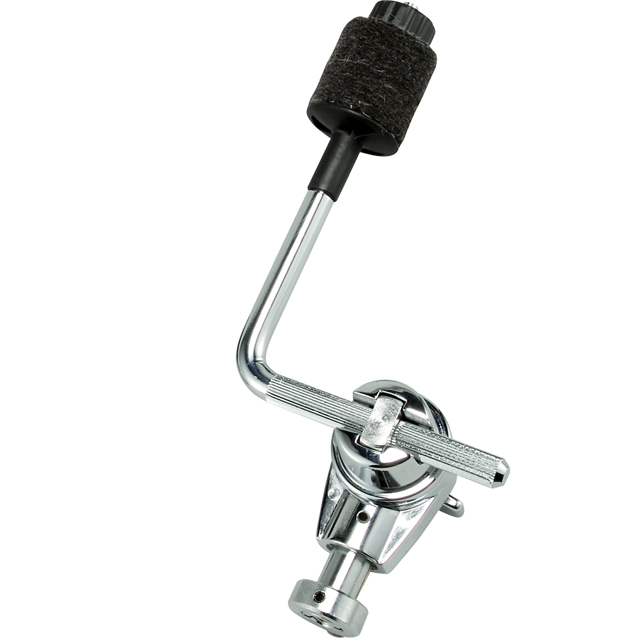 The image shows a chrome-plated cymbal boom arm, a drum hardware component used to position cymbals at various angles and distances. It features an L-shaped bend for flexibility, a tilter mechanism with an adjustment lever for angling cymbals, a black knurled grip for secure handling, and a clamp to attach to a cymbal stand. This boom arm extends reach and enhances cymbal placement in a drum kit beyond a straight stand.