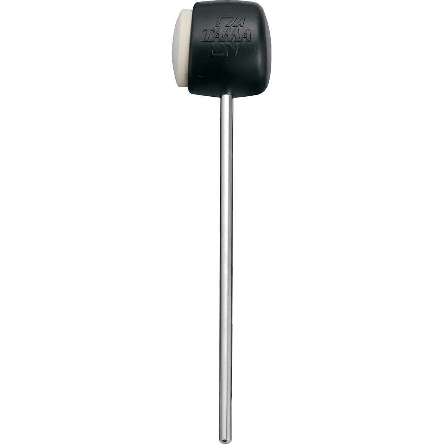 The image shows a bass drum beater with a black "TAMA" embossed head featuring a hard black side and a softer white side, allowing different tones. It is attached to a chrome metal shaft that connects to the pedal. This dual-surface beater provides versatile sounds: a punchy attack from the hard side and a warmer tone from the soft side, making it an essential drum kit accessory.