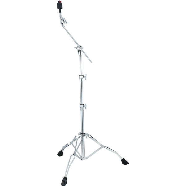 The image shows a chrome-plated boom cymbal stand with a tripod base and telescoping height-adjustable shaft. It features a horizontal boom arm with a tilter for angle adjustments. Rubber feet prevent slipping, and the sturdy design supports cymbals securely. The boom arm allows flexible positioning over drum kits, making it ideal for crash, ride, or effects cymbals in percussion setups.