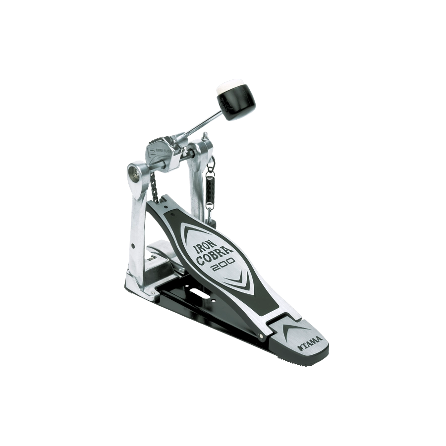 The image shows a Tama Iron Cobra 200 series bass drum pedal, featuring the distinctive branding on the footplate and Tama logo. It has a chain-drive mechanism, adjustable beater with a black rubber/felt head, and a spring return. The pedal is made of sturdy metal with a silver, chrome, and black finish. Known for reliability and smooth operation, itβs an intermediate-level pedal suitable for practice and performance.