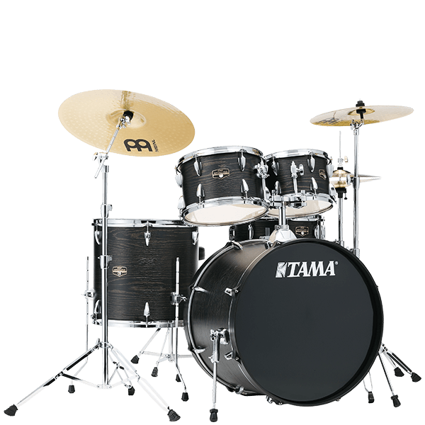 The image shows a complete Tama acoustic drum kit with a bass drum, snare, multiple tom-toms, and a floor tom. It includes chrome hardware, pedals, and two Meinl cymbals (a larger crash/ride on the left and a smaller cymbal on the right). The drums have a dark wood grain or black finish. This versatile setup is suitable for various musical styles like rock, jazz, and pop.