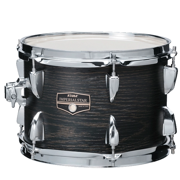 The image shows a Tama Imperial Star tom-tom drum with a dark wood grain finish and chrome hardware. It features multiple tuning lugs, standard drum heads, and a medium size, likely 10" or 12" in diameter. This drum is part of an intermediate-level kit, known for quality construction and a professional look with its chrome components and attractive wood finish.