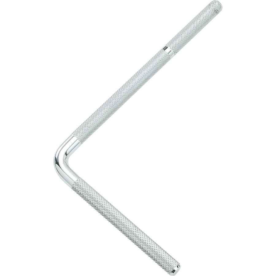 The image shows a drum key, an L-shaped metal tool with a textured, knurled grip used by drummers to adjust drumhead tension. By turning tuning lugs, it alters drum pitch and tone—tightening raises pitch, loosening lowers it. Essential for setup, tuning, drumhead changes, and sound adjustments, its grip ensures secure handling even under strong force.