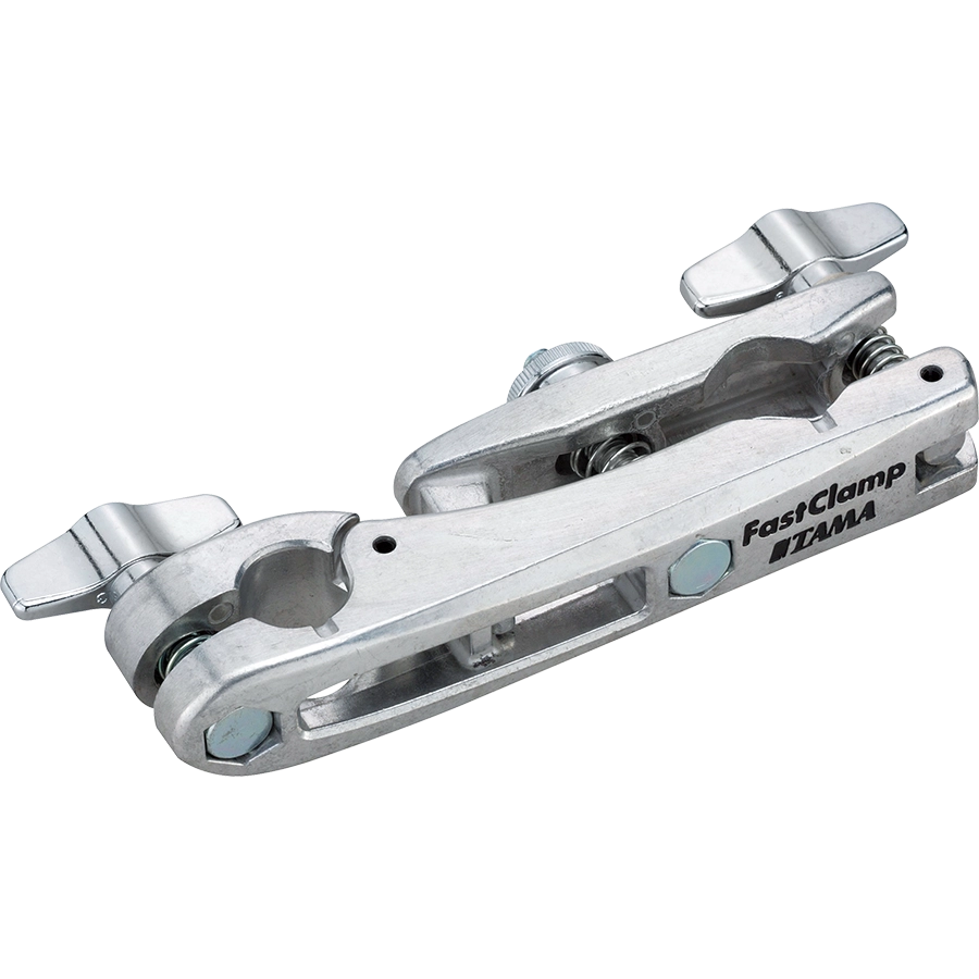 The image shows a Tama FastClamp, a chrome-plated multi-angle drum hardware clamp. It features multiple adjustment points with wing nuts, allowing secure attachment of toms, cymbals, and accessories to drum stands. Designed for versatile positioning and quick setup, this durable clamp helps drummers customize their kit layouts efficiently. Tama is known for quality, innovative drum hardware.