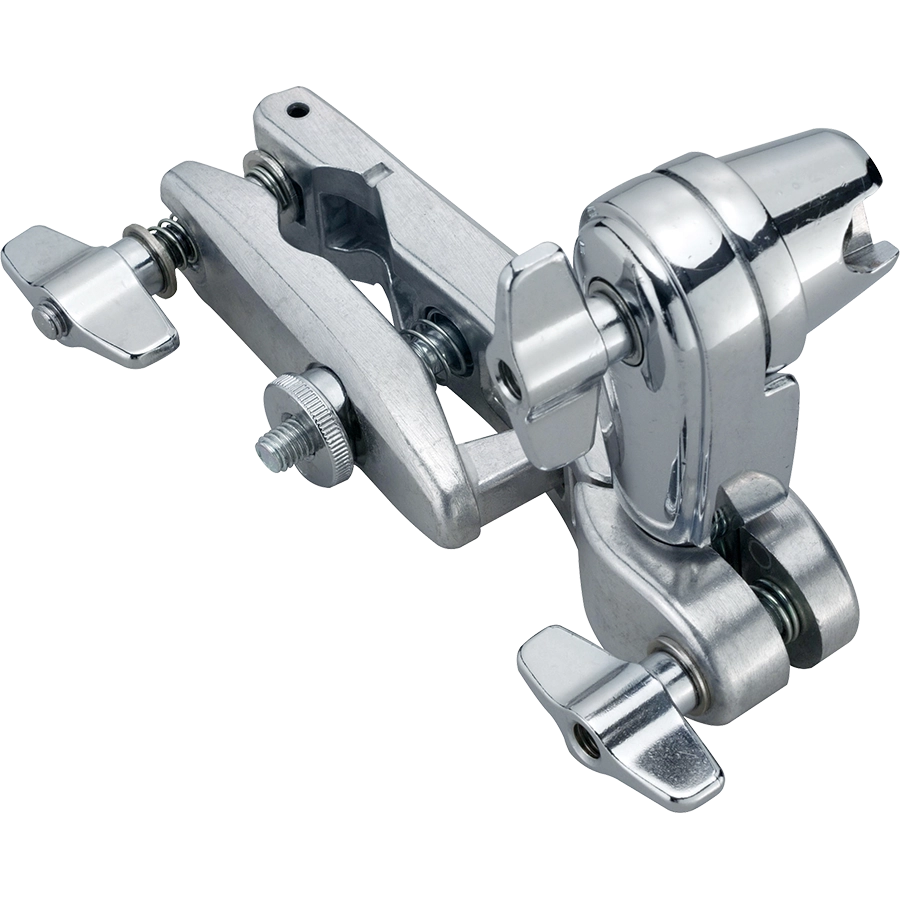 The image shows a chrome-plated drum hardware clamp, likely a multi-clamp or cymbal arm, featuring adjustable wing nuts and articulated joints for flexible positioning. This sturdy, precision-engineered piece is used to securely mount cymbals and percussion accessories on a drum kit, allowing drummers to customize their setup for optimal placement during performances or recording.
