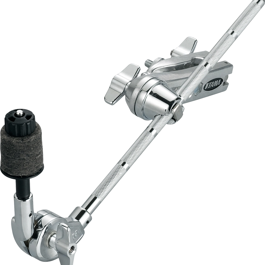 The image shows a chrome-plated drum hardware component, likely a TAMA cymbal boom arm. It features a telescoping main arm with a knurled grip, a multi-axis tilting joint for precise positioning, black cymbal felts to protect cymbals, and wing nut clamps for angle adjustments. This durable, professional-grade piece mounts to stands or clamps, enabling optimal cymbal placement in a drum kit.