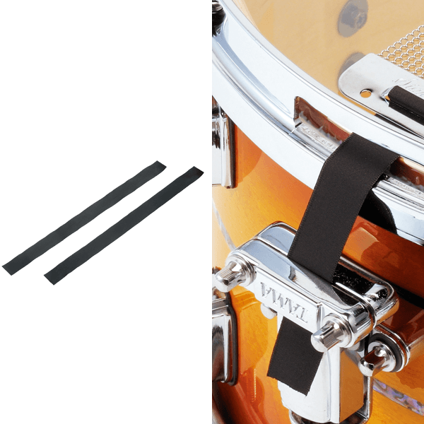 The image shows two black foam or rubber drum dampening strips on the left, and on the right, these strips applied to a drum kit’s heads or hardware to reduce sustain and control overtones. Visible drum hardware is chrome-plated, with an orange/amber drum shell. These muffling strips help drummers achieve a tighter sound and modify tone without permanent changes.