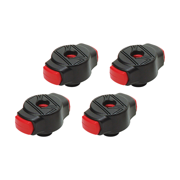 The image shows four identical wireless foot pedals, likely used as page turners for digital sheet music. Each has a black casing with red buttons and connects via Bluetooth to tablets or computers. These compact, portable devices allow musicians—such as classical performers, guitarists, pianists, and teachers—to turn pages hands-free, facilitating seamless play during digital music performances.