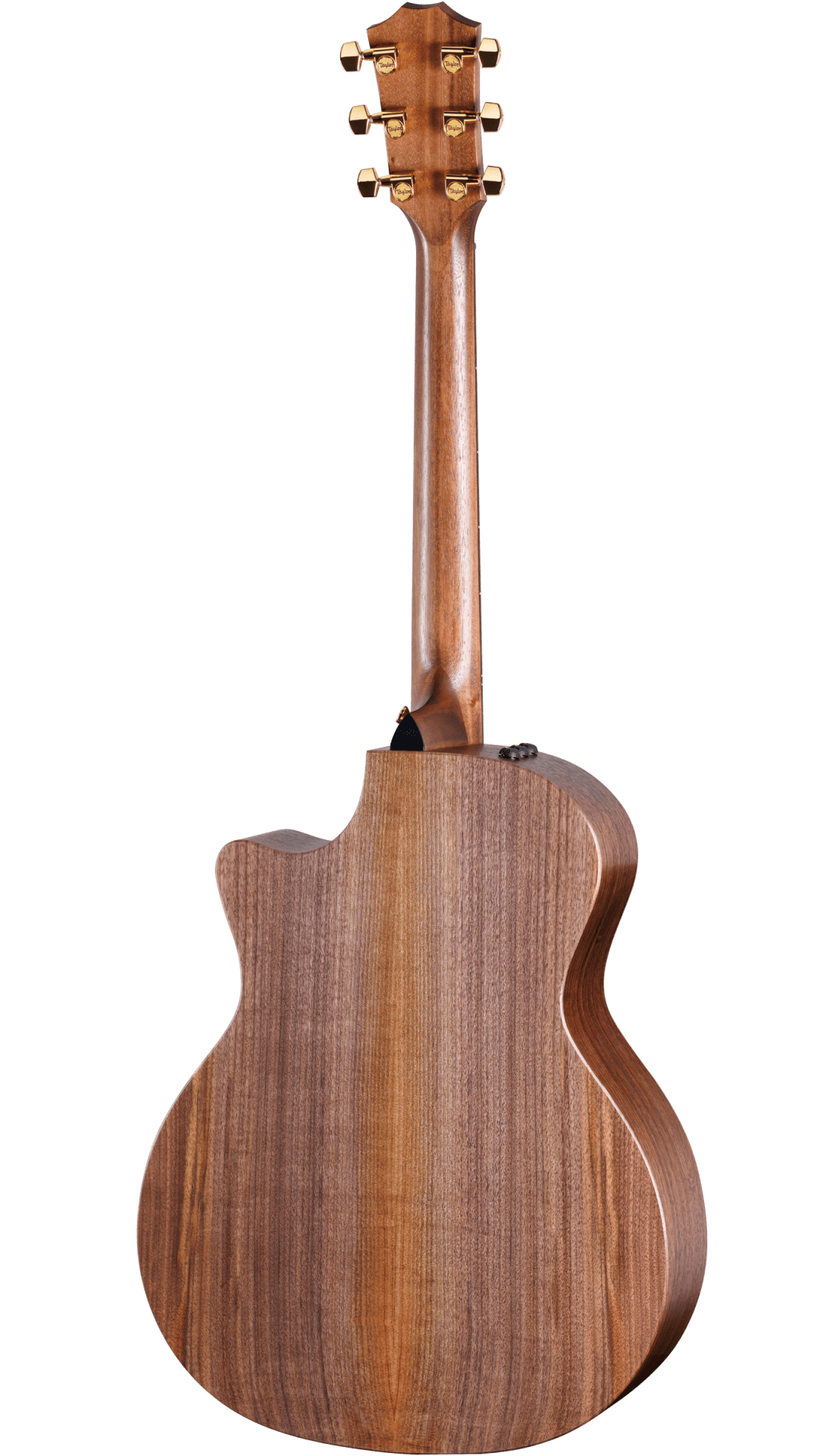 The image shows the back of an acoustic guitar with a polished medium to dark brown wood finish, likely mahogany. It features a traditional body shape with a cutaway for easier fret access. Six gold-colored tuning pegs are visible on the headstock. A small black component, likely an output jack, suggests it’s an acoustic-electric model. The guitar displays clean lines, well-executed binding, and professional craftsmanship.