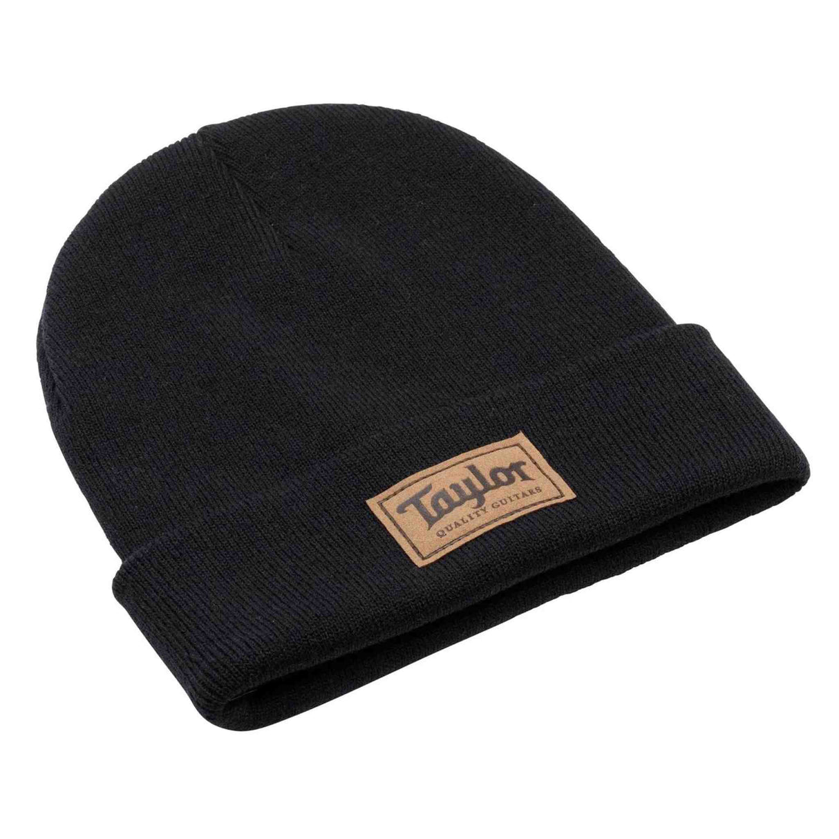 Black beanie with a brown leather Taylor Guitars logo patch on a white background