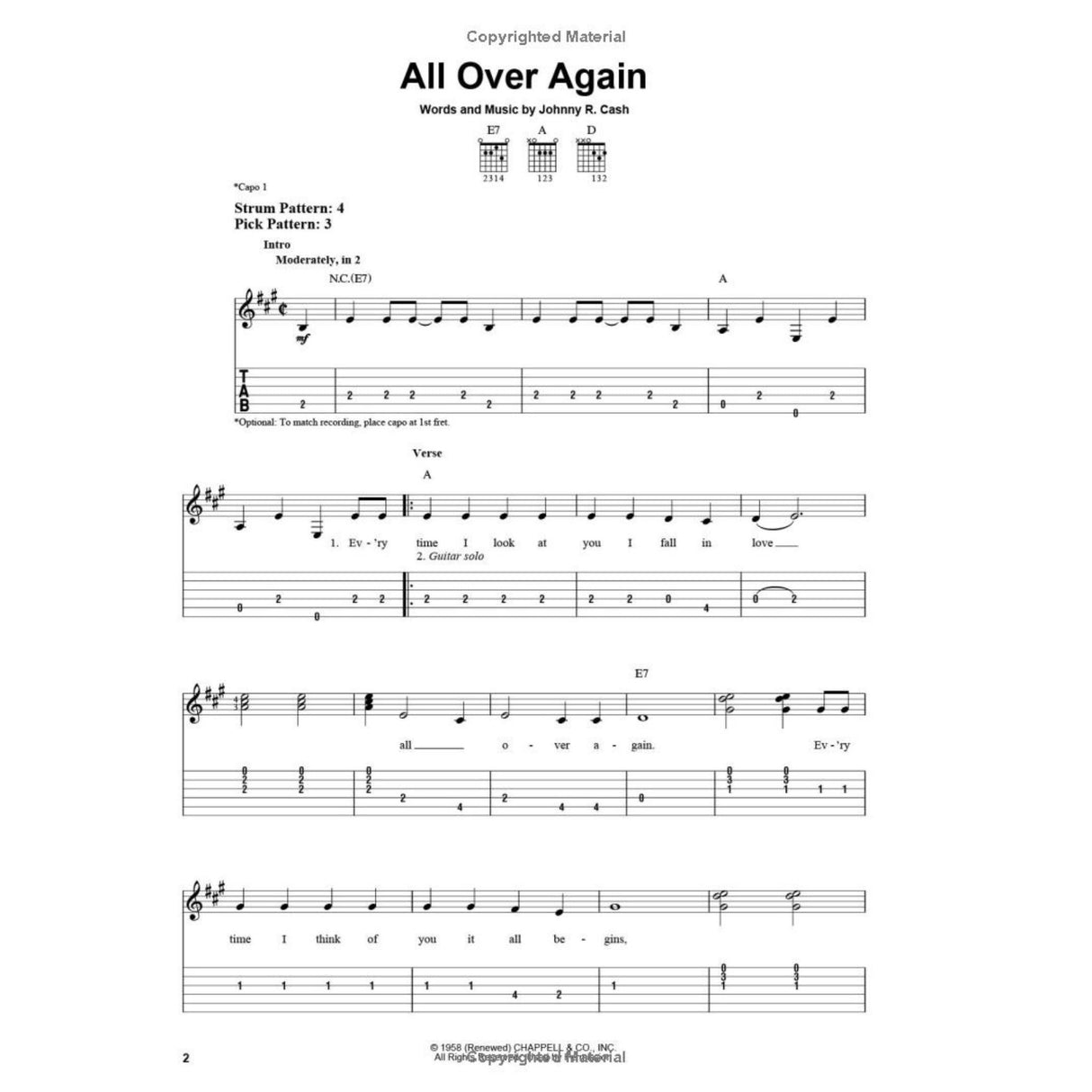 The image shows a sheet music page for Johnny Cash's "All Over Again," featuring treble clef staff notation, guitar tablature, and chord diagrams (E7, A, D). It includes capo 1 placement, strumming and picking patterns, tempo marked "Moderately, in 2," and lyrics starting with "Every time I look at you I fall in love all over again." The layout is designed for guitarists with chord fingerings and song structure.