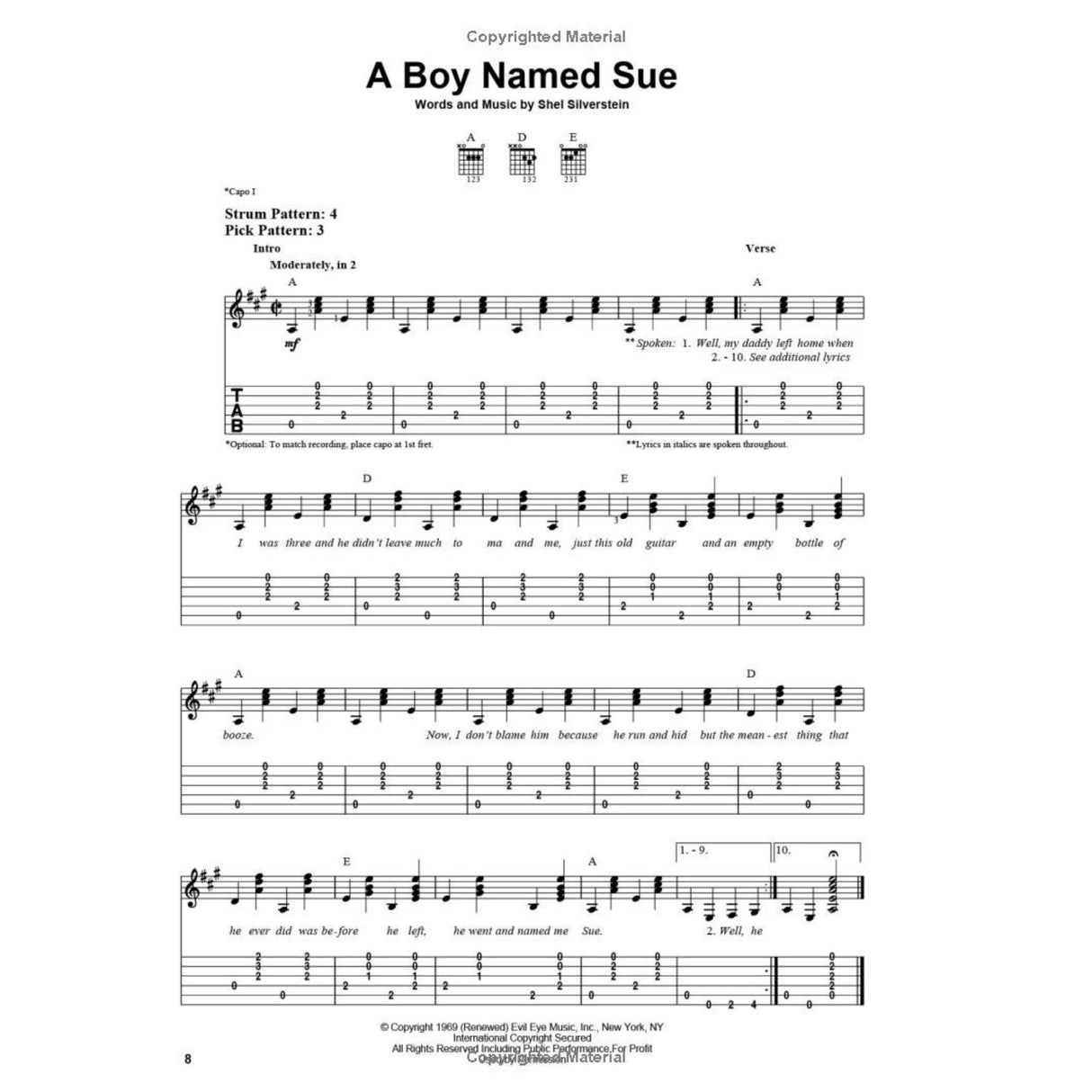 The image shows sheet music for "A Boy Named Sue" by Shel Silverstein, featuring standard notation and guitar tablature with chord diagrams for D, E, and A. It includes lyrics below the melody, tempo marked "Moderately, in 2," capo on 1st fret, and strum and pick patterns. Written in A major, the arrangement spans multiple systems and is designed for intermediate guitarists, combining strumming and fingerpicking techniques.