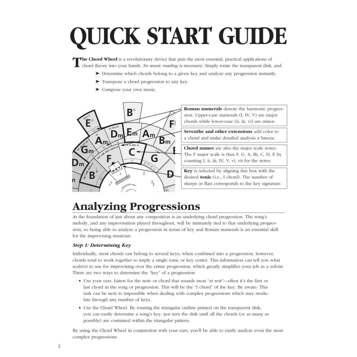 The image shows a Quick Start Guide for "The Chord Wheel," a music theory tool. It features a circular diagram with major and minor chords, a rotating transparent disk, and educational content on key signatures, chord progressions, transposition, Roman numeral analysis, and chord extensions. The guide explains how to analyze progressions and determine keys by ear or using the wheel, serving as a learning accessory for musicians and students.