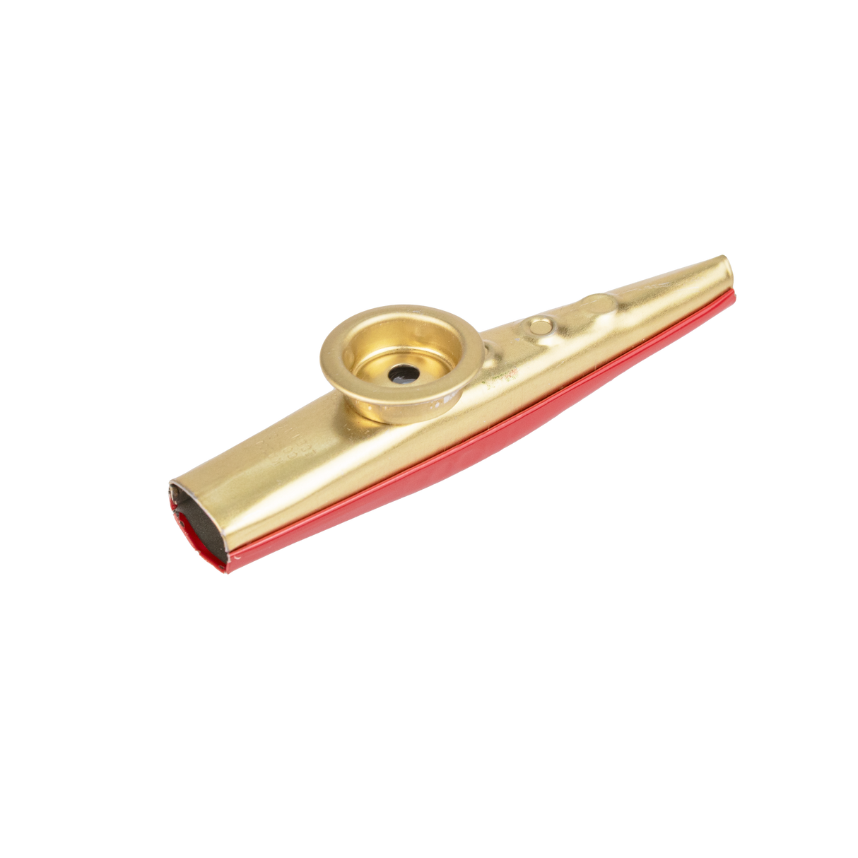 Gold and red kazoo on a white background
