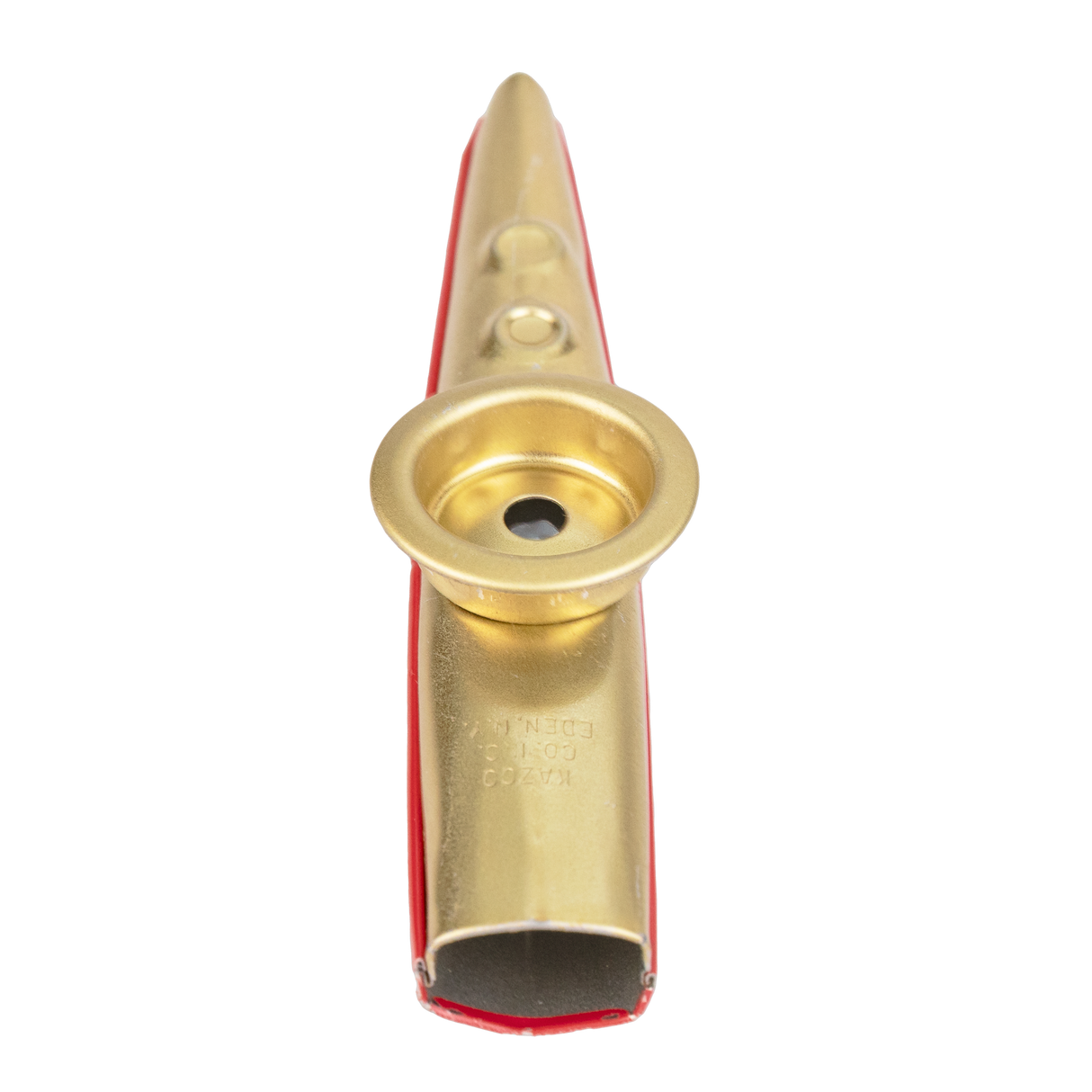 Gold metal kazoo with a red bottom