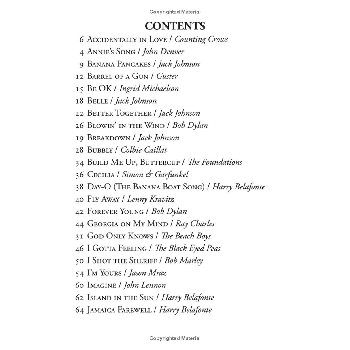 The image shows a table of contents from a music songbook featuring popular songs by artists like John Denver, Jack Johnson, Bob Dylan, The Beatles, Bob Marley, Ray Charles, Simon & Garfunkel, Harry Belafonte, and more. It lists song titles and page numbers, highlighting a diverse collection of sheet music and arrangements across various genres and eras for musicians to learn and play.