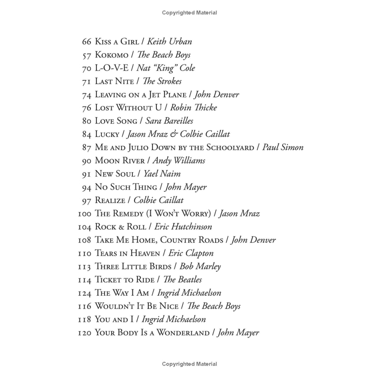 The image shows a table of contents from a music book listing popular songs with page numbers and artists. It includes classics like "Kiss a Girl" (Keith Urban), "Kokomo" (The Beach Boys), "L-O-V-E" (Nat King Cole); contemporary hits like "Last Nite" (The Strokes), "Lucky" (Jason Mraz & Colbie Caillat); and iconic tracks by The Beatles, Bob Marley, Eric Clapton, and Paul Simon. The collection spans genres and decades.