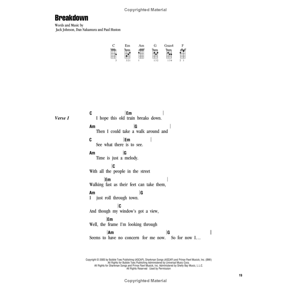 The image shows a sheet music page for "Breakdown" by Jack Johnson, Dan Nakamura, and Paul Huston. It features guitar chord charts for C, Em, Am, G, Gsus4, and F at the top, followed by Verse 1 lyrics with chord symbols above the words. Copyright info from 2005 by Bubble Toes Publishing, Sharkman Songs, and Prince Pawl Musick appears at the bottom.