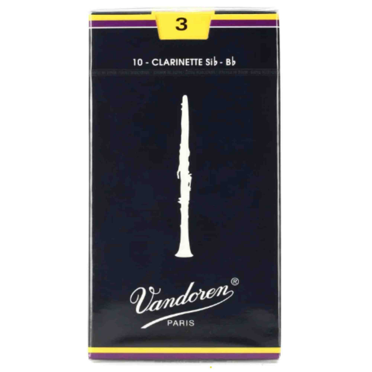 The image shows a box of Vandoren clarinet reeds, marked "10 - Clarinette Sib - Bb" for Bâ™ clarinet. It features the Vandoren brand name and "PARIS," a white clarinet silhouette on dark blue-black packaging with purple and yellow accents. The reed strength is 3, indicated by a yellow number at the top, representing medium stiffness suitable for intermediate to advanced players.