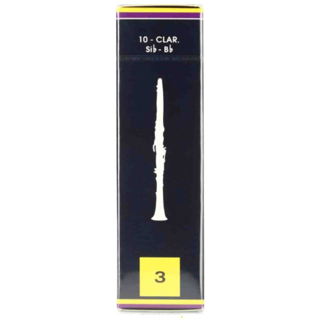 The image shows a box of 10 Bâ™ clarinet reeds labeled "10 - CLAR. Sib - Bb" with a strength rating of 3, indicating medium hardness. The dark packaging features a white clarinet silhouette. Clarinet reeds are thin cane pieces that vibrate to produce sound and need regular replacement. The strength number reflects reed hardness, with lower numbers for beginners and higher for advanced players.