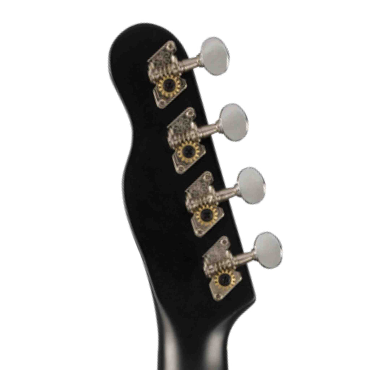 The image shows the headstock of a black 4-string bass guitar with four chrome tuning pegs arranged 2+2. The tuning machines have white or pearl buttons and ornate, vintage-style open-gear designs featuring intricate, gear-shaped or floral detailing. This close-up highlights high-quality, decorative tuners essential for tuning and string tension.