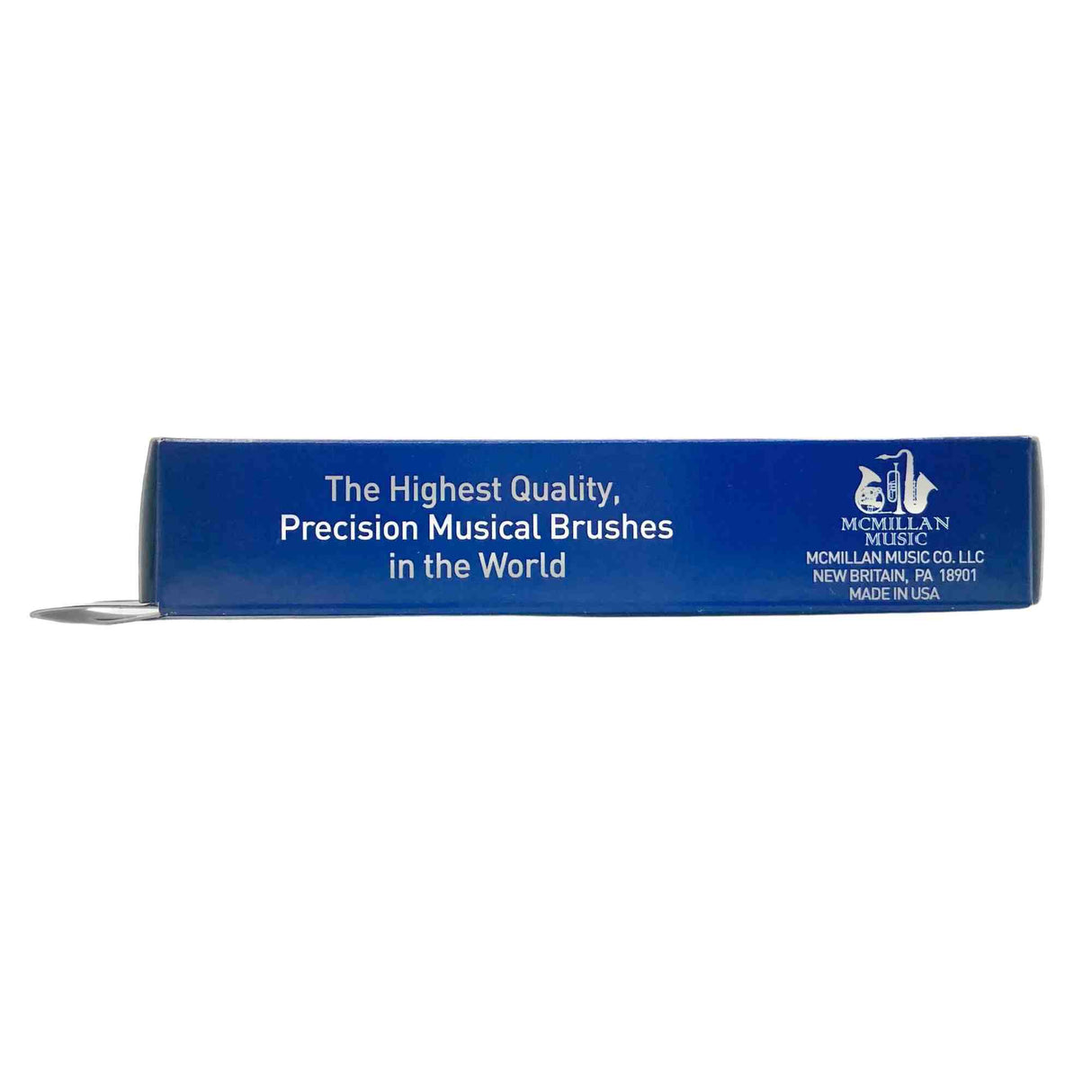 The image shows a blue product box for musical instrument brushes from McMillan Music Co. LLC, New Britain, PA. The packaging states "The Highest Quality, Precision Musical Brushes in the World" and "Made in USA." These drum brushes, used by drummers for softer, sweeping sounds in jazz and acoustic styles, feature professional branding indicating a premium percussion accessory for serious musicians.