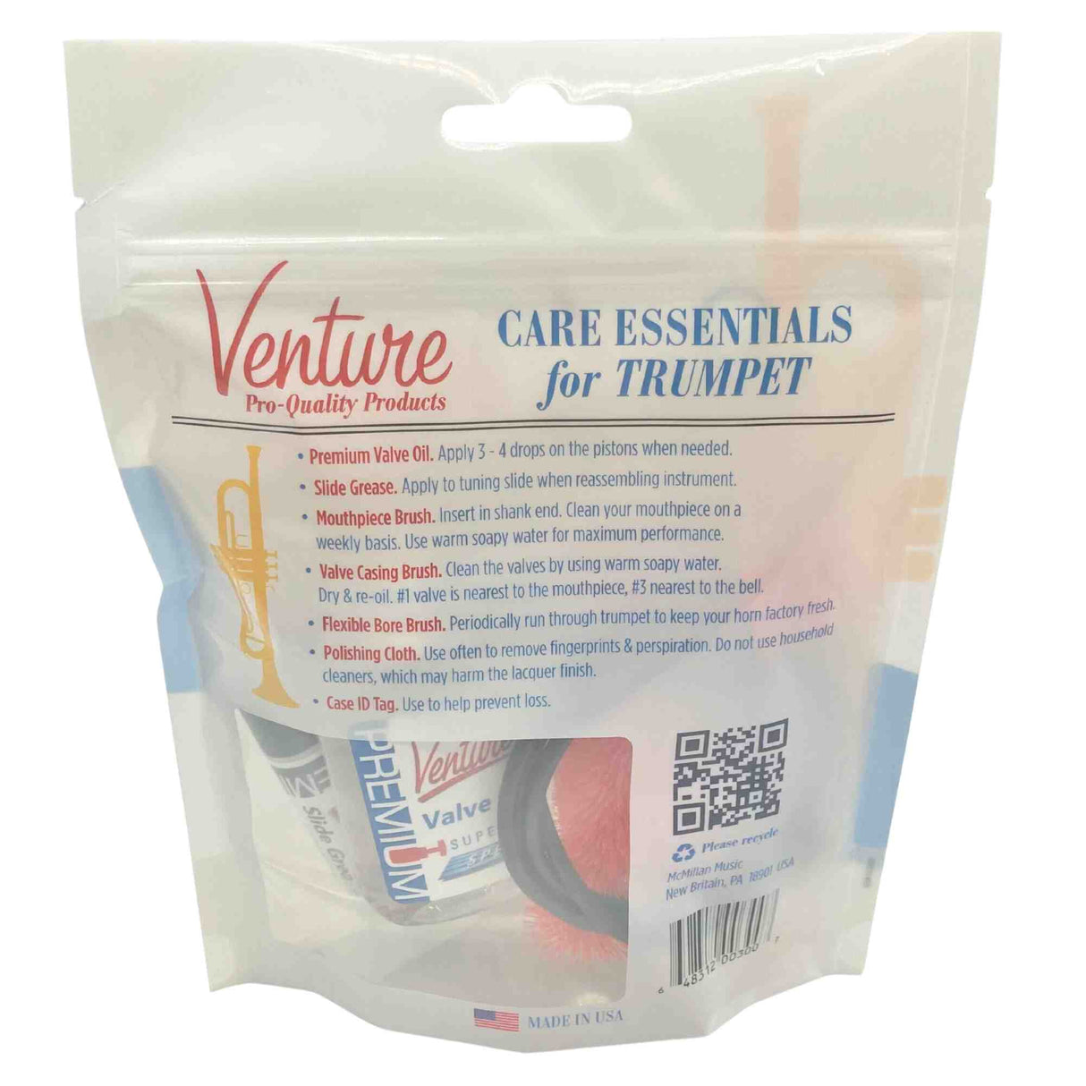 The image shows a Venture Pro-Quality Products trumpet care kit in a clear pouch labeled "Care Essentials for Trumpet." It includes valve oil, slide grease, mouthpiece and valve casing brushes, a flexible bore brush, polishing cloth, and a case ID tag. The kit comes with instructions and provides essential tools for cleaning, lubricating, and maintaining trumpet performance and longevity. Made in the USA.