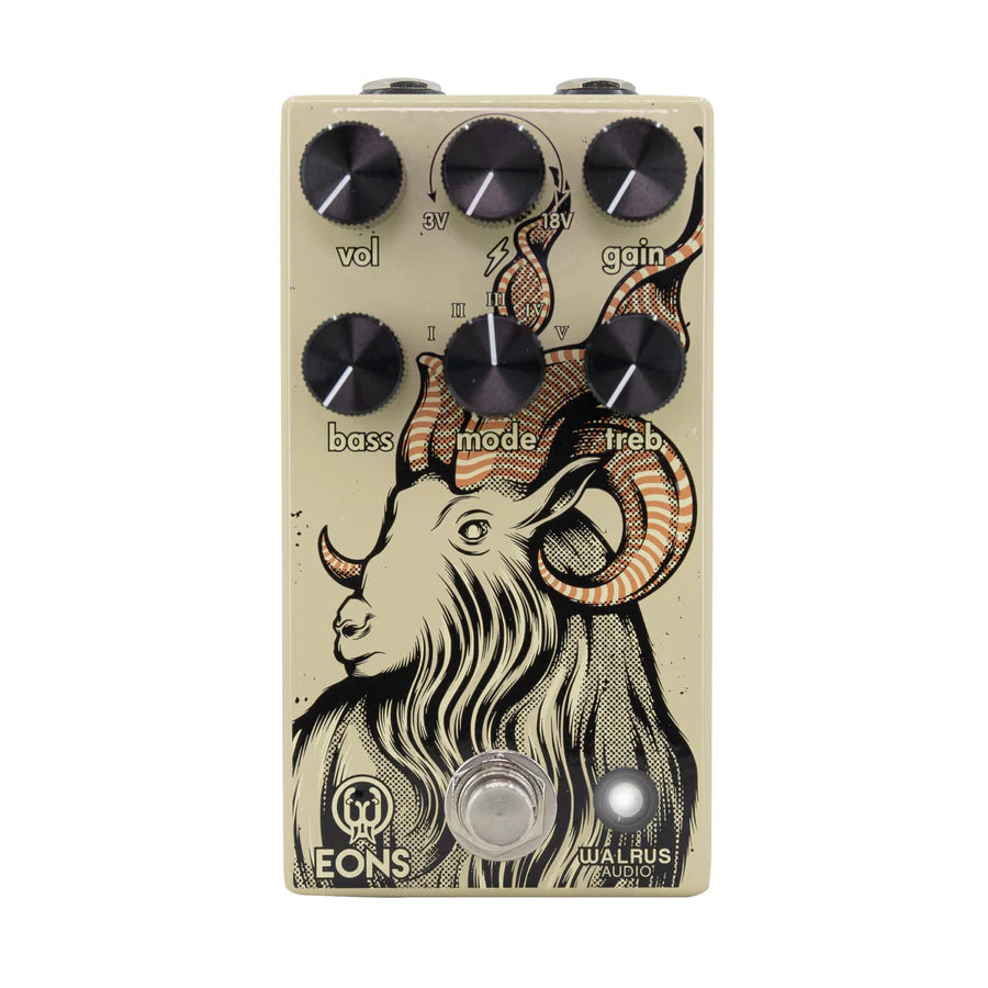 The image shows the Walrus Audio EONS, a cream-colored distortion/overdrive guitar effects pedal featuring artwork of a ram's head with curved horns. It has six black knobs labeled vol, sv, gain, bass, mode, and treb, a footswitch, LED indicator, and input/output jacks. This boutique pedal is designed for shaping guitar tone with versatile gain and EQ controls.