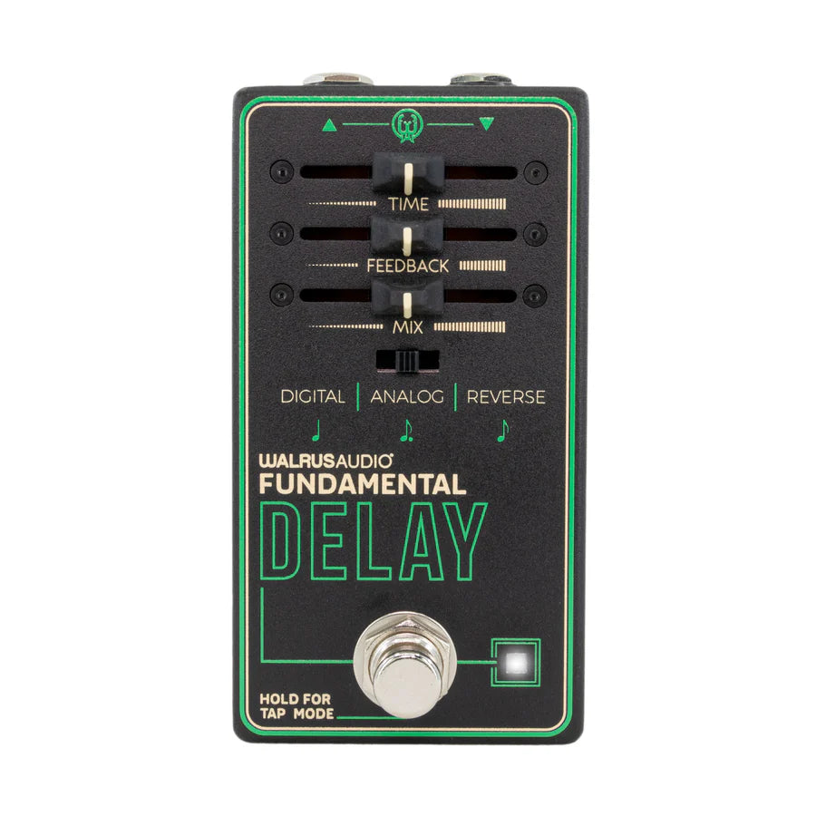 The image shows the Walrus Audio Fundamental Delay guitar effects pedal. It features three control knobs labeled TIME, FEEDBACK, and MIX for adjusting delay length, repetitions, and signal balance. The pedal offers DIGITAL, ANALOG, and REVERSE modes, a footswitch to engage/bypass, and tap tempo functionality. It has a green and black design with Walrus Audio branding, providing versatile delay effects for various musical styles.
