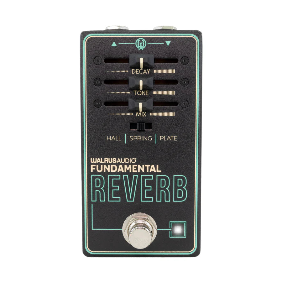 The image shows the "Fundamental Reverb" guitar effects pedal by Walrus Audio. It has three knobs (DECAY, TONE, MIX), a three-way toggle switch for HALL, SPRING, and PLATE reverb types, a bypass footswitch, and an LED indicator. The pedal features Walrus Audio’s signature black enclosure with teal graphics and adds ambient reverb effects to guitar sounds.