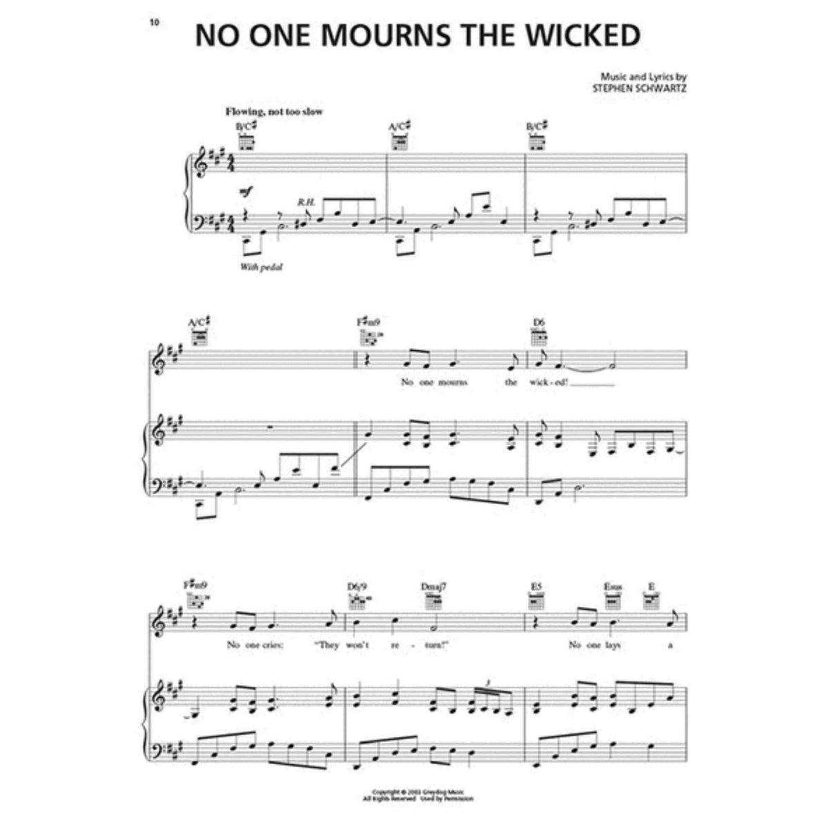The image shows sheet music for "No One Mourns the Wicked" from *Wicked* by Stephen Schwartz. It features piano/vocal arrangement with treble and bass clefs, chord symbols (e.g., A♭/C, F♭add9), lyrics below the vocal line, and performance directions like "Flowing, not too slow" and "With pedal." The music is in A♭ major and is typical for pianists and vocalists performing this song.