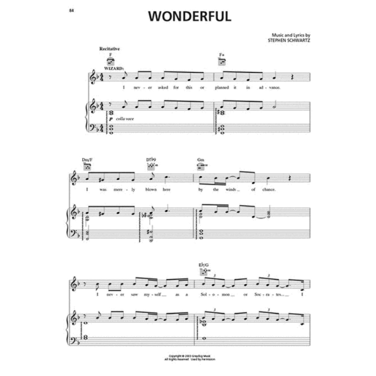 The image shows a page of sheet music for "Wonderful" by Stephen Schwartz, arranged as a piano/vocal score with guitar chord symbols. It features treble and bass clefs, vocal melody with lyrics, chords like F and Dm7, 4/4 time, marked "Recitative" with dynamics "p" and "colla voce." Lyrics include "I never asked for this." The page is professionally formatted, numbered 44, with copyright notice, likely from the musical "Wicked."