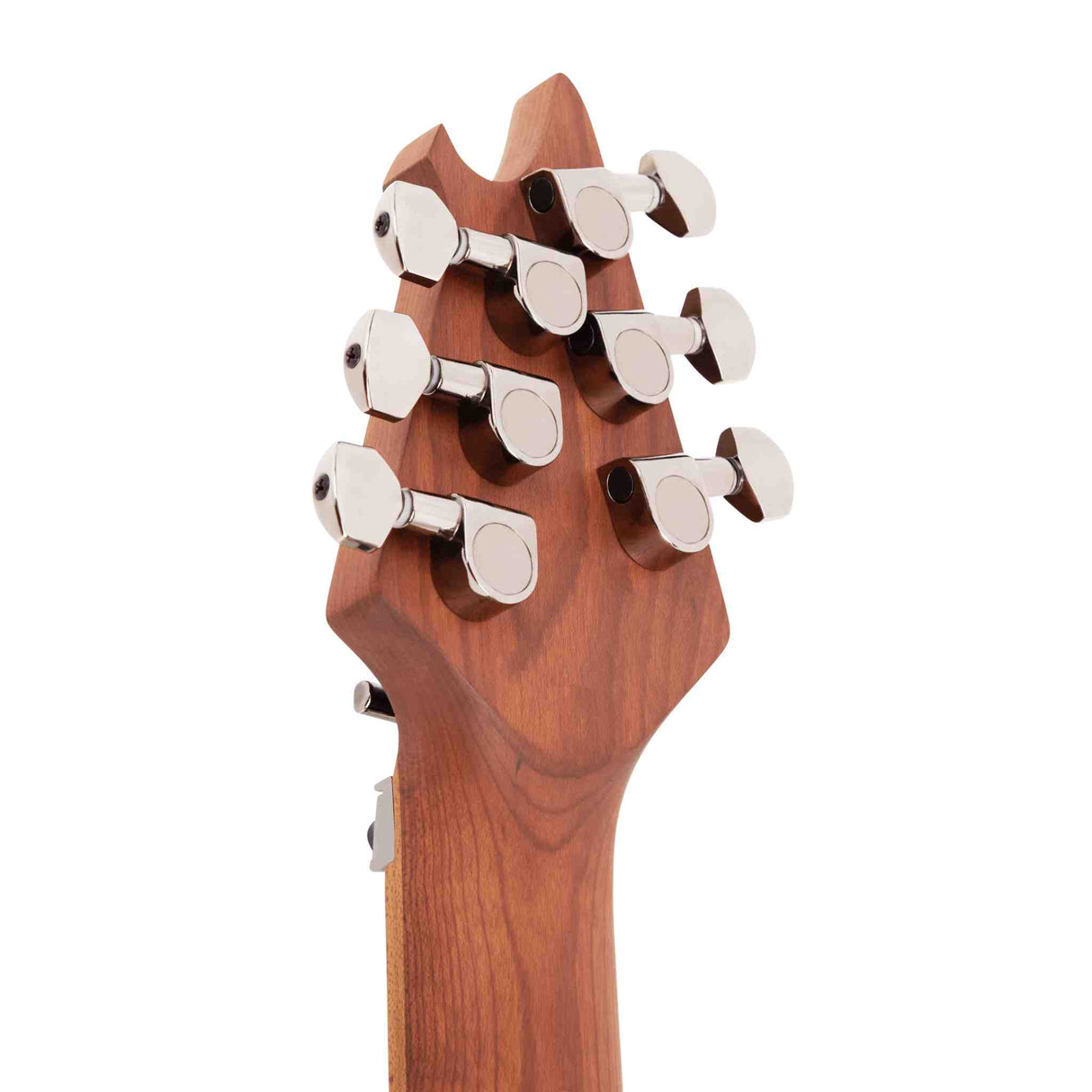 a picture of the back of a headstock for a EVH Wolfgang® WG Standard Exotic Koa. Natural baked maple neck on the back with chrome machine heads.