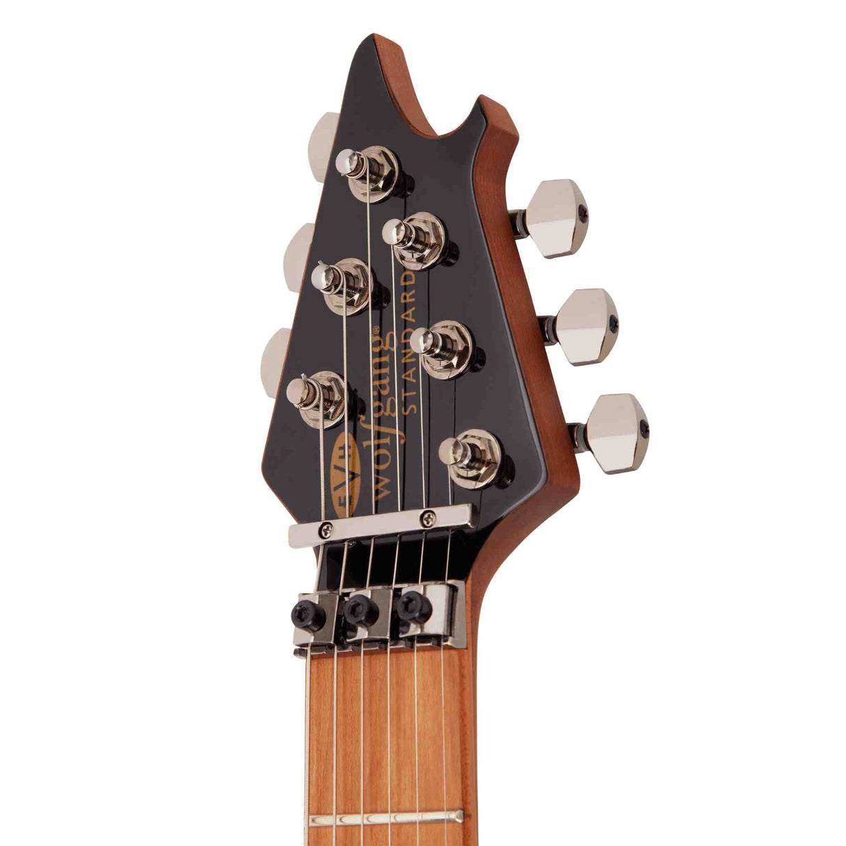 Close-up of a guitar headstock with tuning pegs on a white background. The headstock is black with forked top and says EVH Wolfgang Standard.