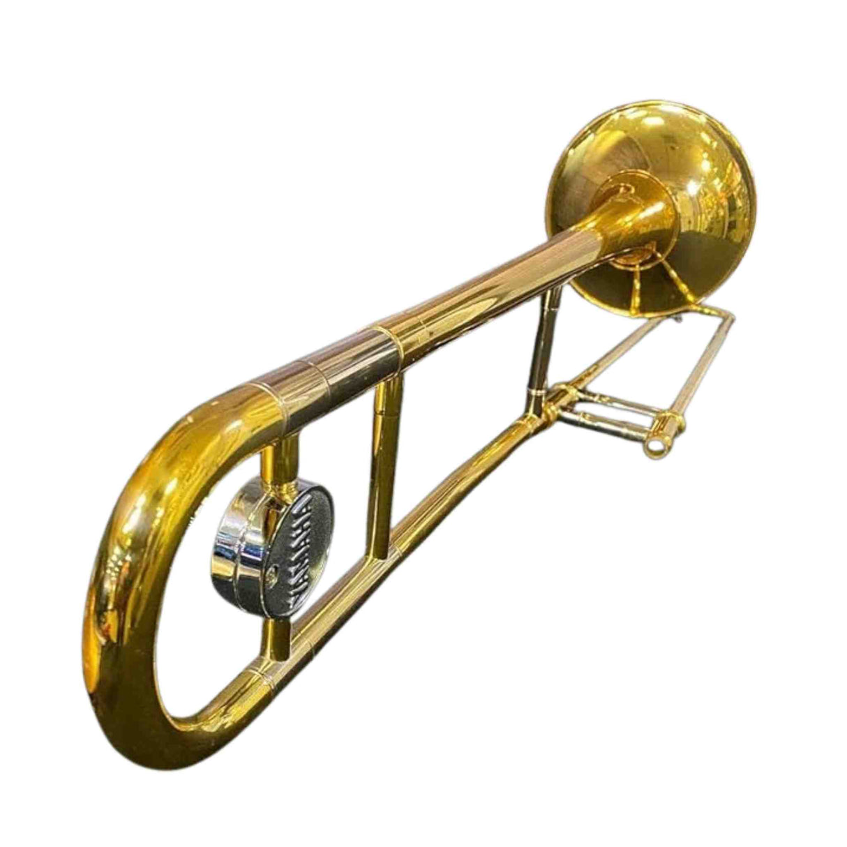 The image shows a brass slide trombone with a shiny golden finish against a white background. Key features include the large bell, long tubing, dual-slide mechanism, mouthpiece receiver, and a tuning slide or water key. This classic tenor trombone, commonly used in bands and orchestras, appears well-maintained and in good condition.