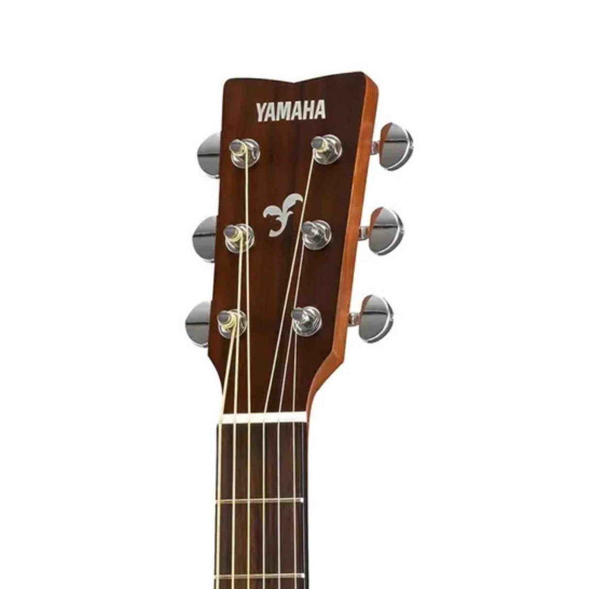 The image shows the headstock of a Yamaha acoustic guitar with a rich brown/mahogany finish and the "YAMAHA" logo in white at the top. It features six chrome tuning pegs in a 3+3 arrangement with sealed gears, six strings running toward the neck, a central decorative f-hole style cutout, and the neck’s nut and first frets visible. The craftsmanship reflects Yamaha’s quality and precision in acoustic guitar design.
