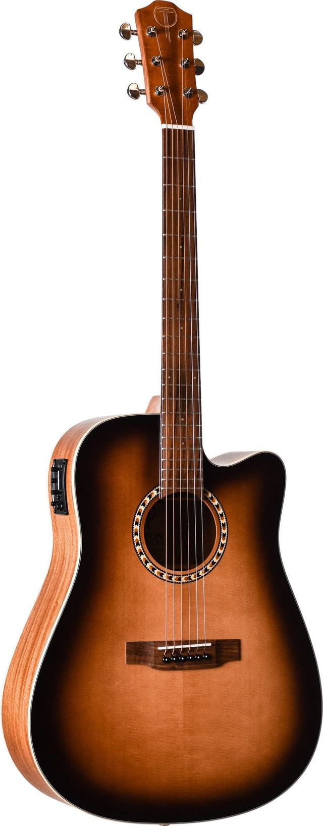 The image shows a cutaway acoustic-electric guitar with a sunburst finish, dreadnought-style body, and built-in side-mounted electronics. It has a round sound hole with decorative rosette, a standard bridge with bone or plastic saddle, chrome tuning pegs on a wood headstock featuring a "T" logo, and a steel-string neck with fret markers. This versatile guitar suits both unplugged and amplified playing.