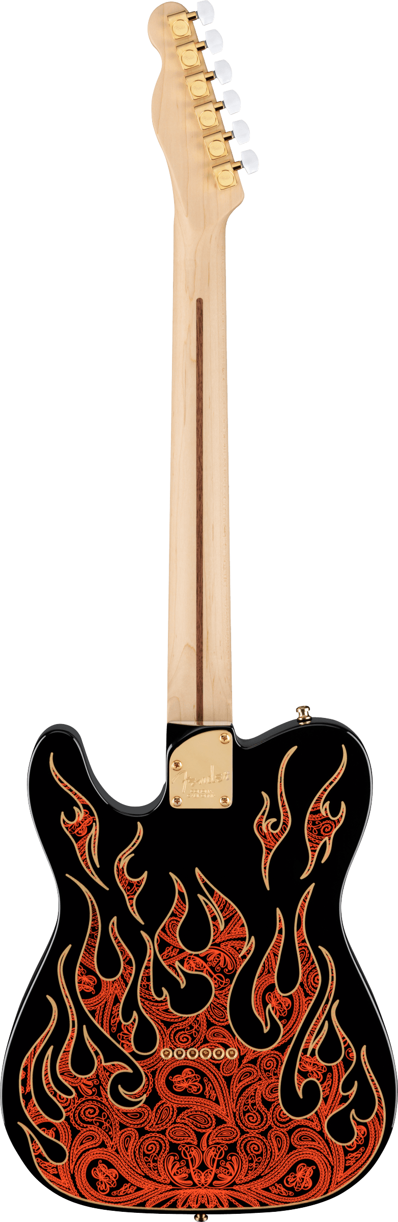 The image shows the back of a Telecaster-style electric guitar with a natural maple neck and six gold tuning pegs. Its black body features elaborate red and orange flame artwork with paisley-like swirls rising from the bottom. The single cutaway design, neck plate, and gold hardware complement the detailed custom or special edition flame graphics, blending classic style with striking visual impact.