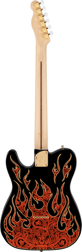 The image shows the back of a Telecaster-style electric guitar with a natural maple neck and six gold tuning pegs. Its black body features elaborate red and orange flame artwork with paisley-like swirls rising from the bottom. The single cutaway design, neck plate, and gold hardware complement the detailed custom or special edition flame graphics, blending classic style with striking visual impact.