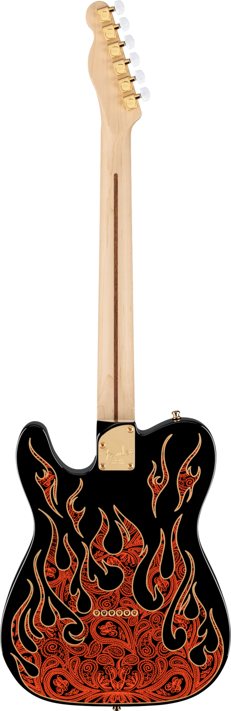 The image shows the back of a Telecaster-style electric guitar with a natural maple neck and six gold tuning pegs. Its black body features elaborate red and orange flame artwork with paisley-like swirls rising from the bottom. The single cutaway design, neck plate, and gold hardware complement the detailed custom or special edition flame graphics, blending classic style with striking visual impact.
