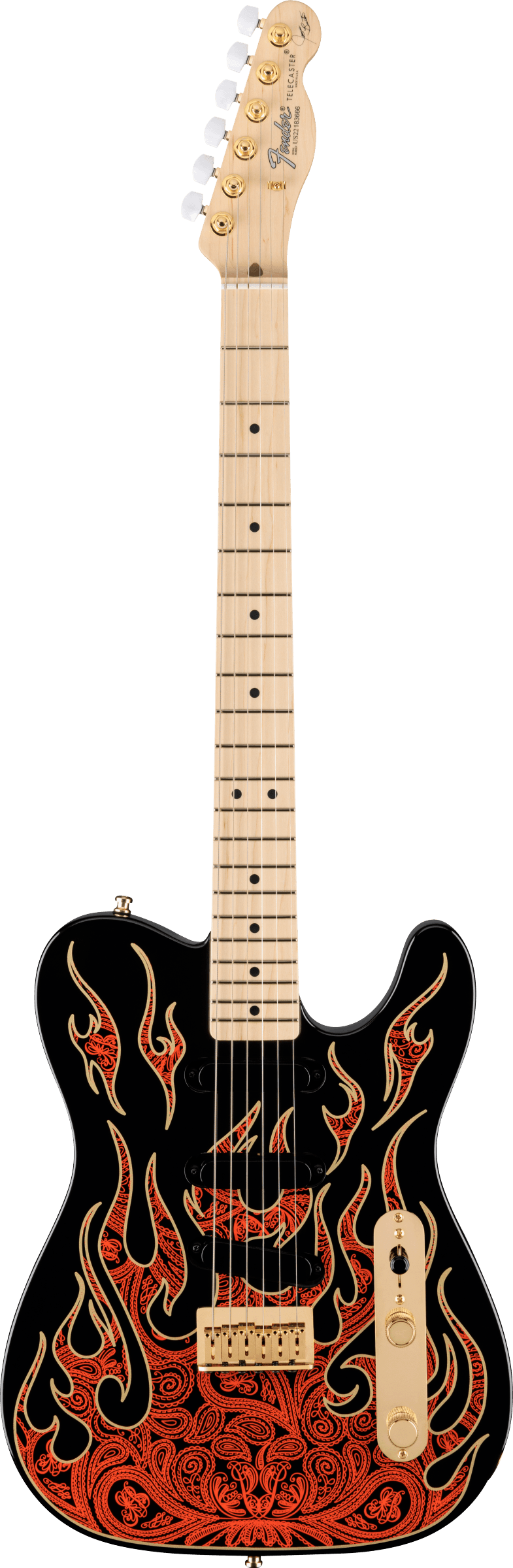 The image shows a Fender Telecaster electric guitar with a black body featuring intricate red and orange flame or paisley-style artwork. It has a classic single-cutaway shape, a natural maple neck with dot inlays, gold tuning pegs with white buttons, cream control knobs, and the traditional Telecaster bridge and pickups. The Fender logo is visible on the headstock, highlighting a special or limited edition design.