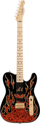The image shows a Fender Telecaster electric guitar with a black body featuring intricate red and orange flame or paisley-style artwork. It has a classic single-cutaway shape, a natural maple neck with dot inlays, gold tuning pegs with white buttons, cream control knobs, and the traditional Telecaster bridge and pickups. The Fender logo is visible on the headstock, highlighting a special or limited edition design.