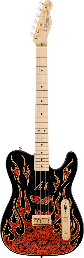 The image shows a Fender Telecaster electric guitar with a black body featuring intricate red and orange flame or paisley-style artwork. It has a classic single-cutaway shape, a natural maple neck with dot inlays, gold tuning pegs with white buttons, cream control knobs, and the traditional Telecaster bridge and pickups. The Fender logo is visible on the headstock, highlighting a special or limited edition design.