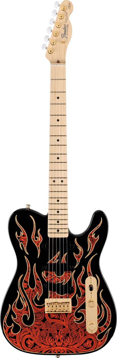 The image shows a Fender Telecaster electric guitar with a black body featuring intricate red and orange flame or paisley-style artwork. It has a classic single-cutaway shape, a natural maple neck with dot inlays, gold tuning pegs with white buttons, cream control knobs, and the traditional Telecaster bridge and pickups. The Fender logo is visible on the headstock, highlighting a special or limited edition design.