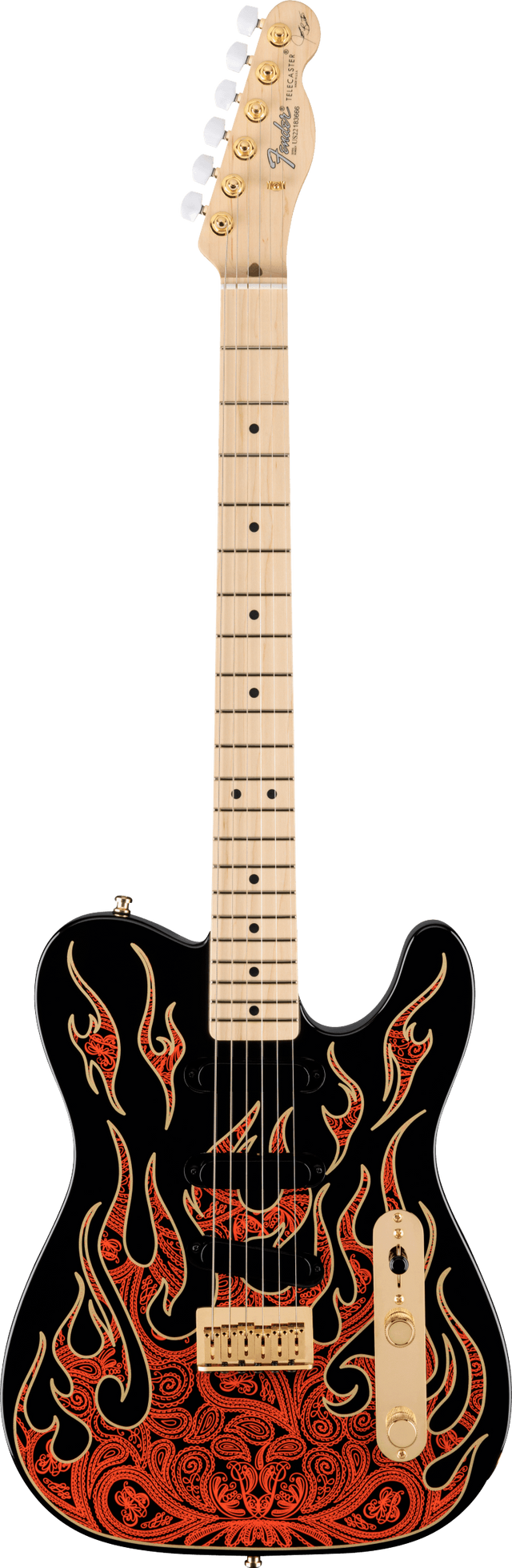 The image shows a Fender Telecaster electric guitar with a black body featuring intricate red and orange flame or paisley-style artwork. It has a classic single-cutaway shape, a natural maple neck with dot inlays, gold tuning pegs with white buttons, cream control knobs, and the traditional Telecaster bridge and pickups. The Fender logo is visible on the headstock, highlighting a special or limited edition design.