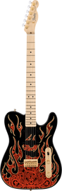 The image shows a Fender Telecaster electric guitar with a black body featuring intricate red and orange flame or paisley-style artwork. It has a classic single-cutaway shape, a natural maple neck with dot inlays, gold tuning pegs with white buttons, cream control knobs, and the traditional Telecaster bridge and pickups. The Fender logo is visible on the headstock, highlighting a special or limited edition design.